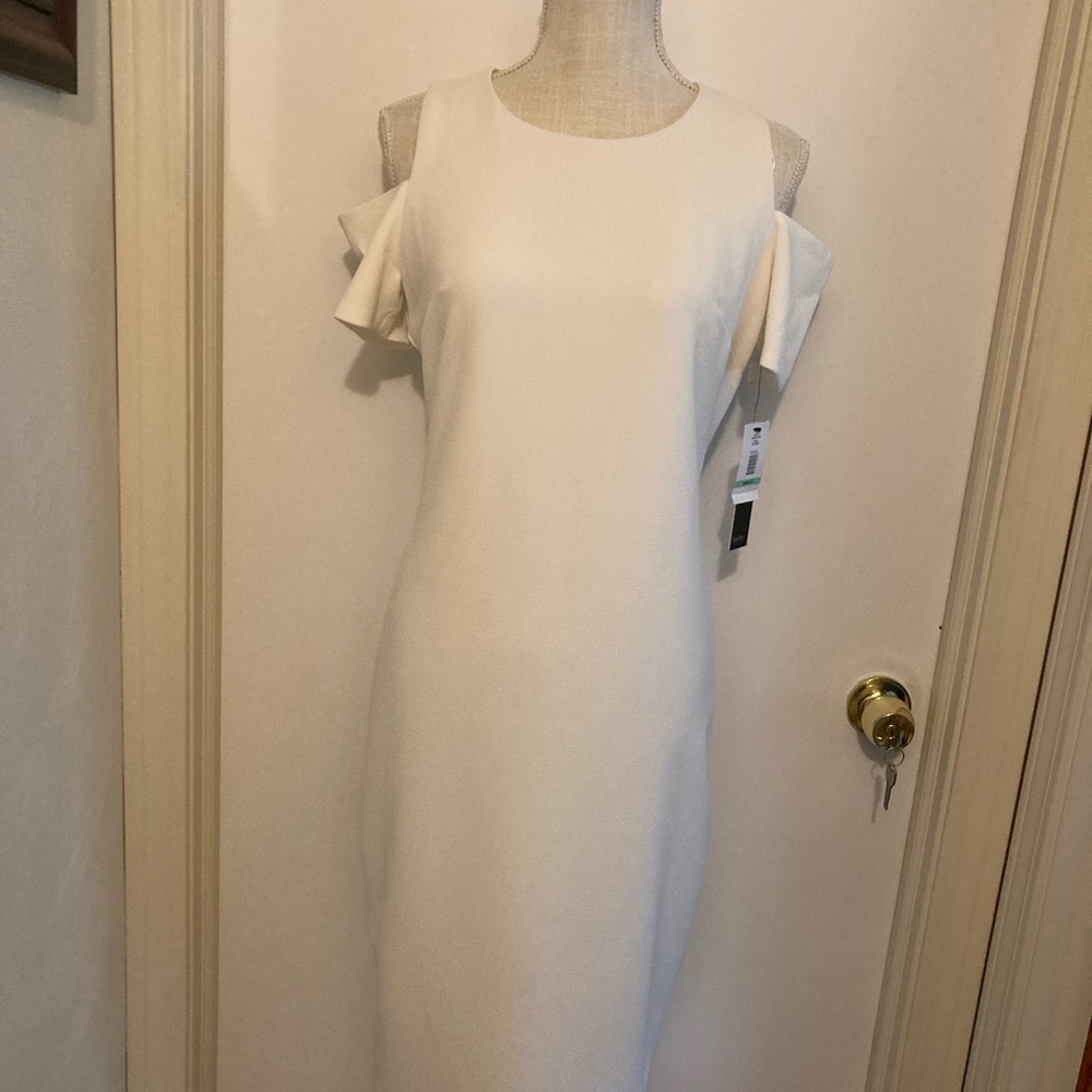 Nicole Miller N.Y. Cold Shoulder Elegant Cream Color Midi Dress
